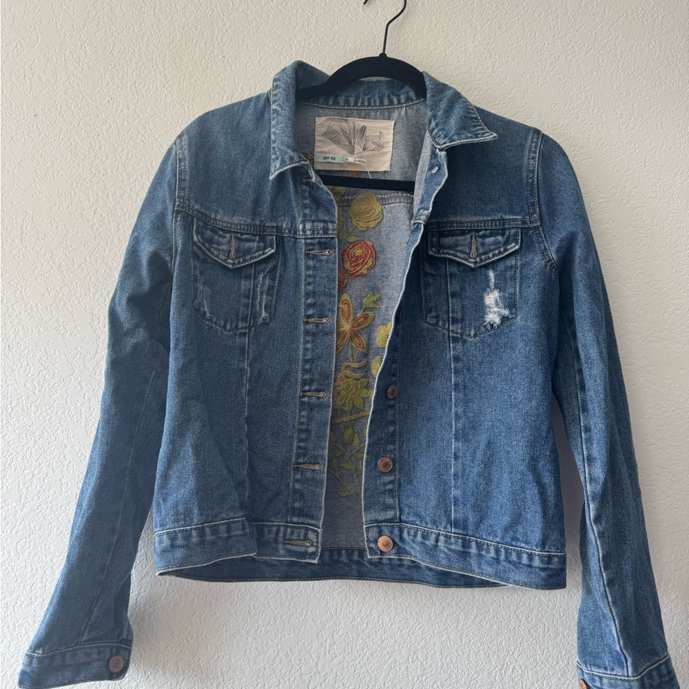 Blue Denim Jacket with Floral Embroidery